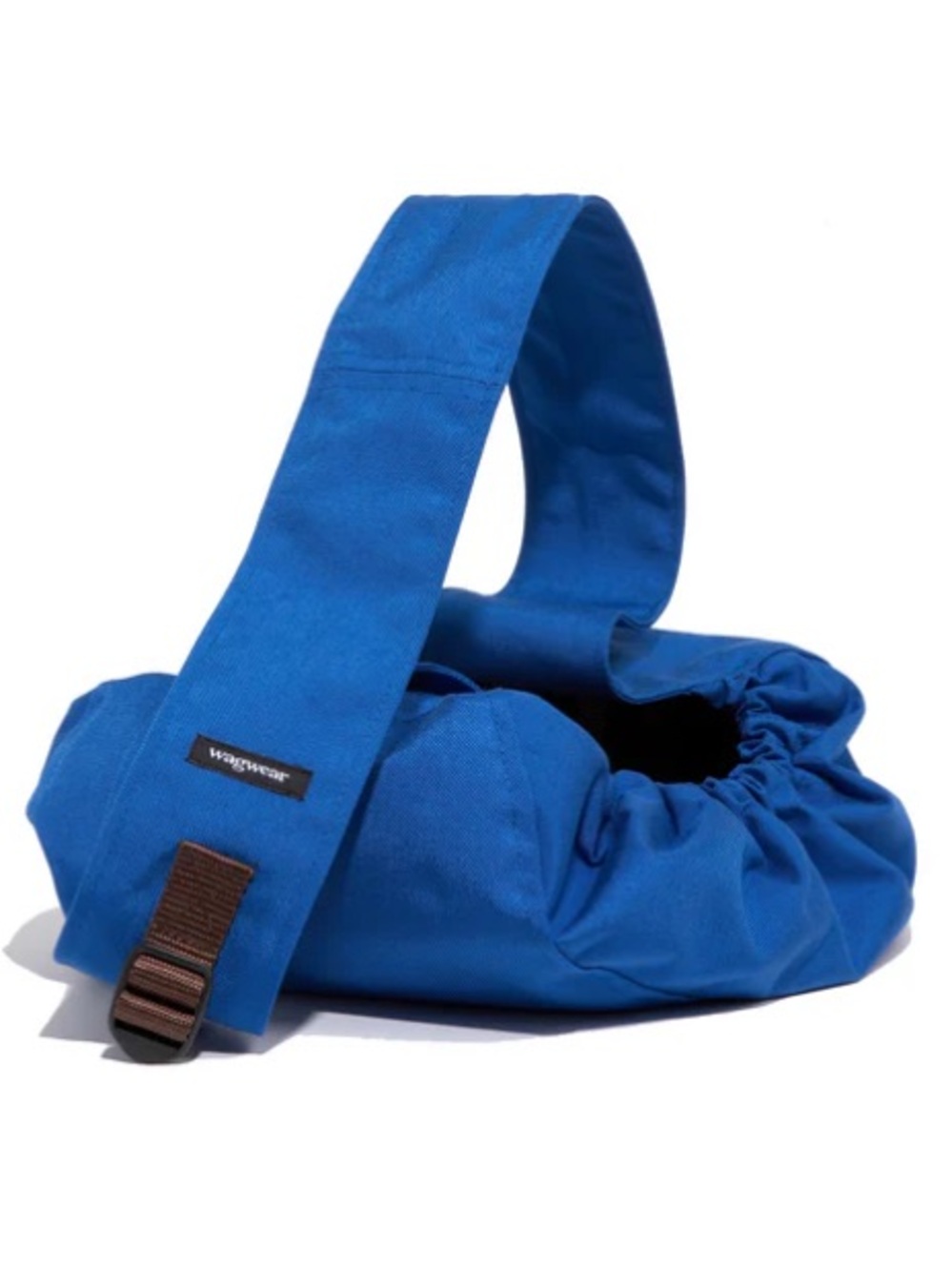 Wagwear messenger pouch carrier, featuring a vibrant blue canvas exterior